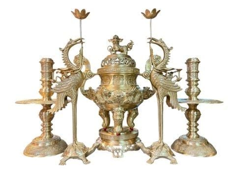 Bộ đỉnh đồng Ngũ sự cát tút song long chầu nguyệt cao 55cm nặng 24kg