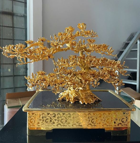 Quà tặng mạ vàng: Chậu Mai vàng 24k đế vuông bằng đồng mạ vàng
