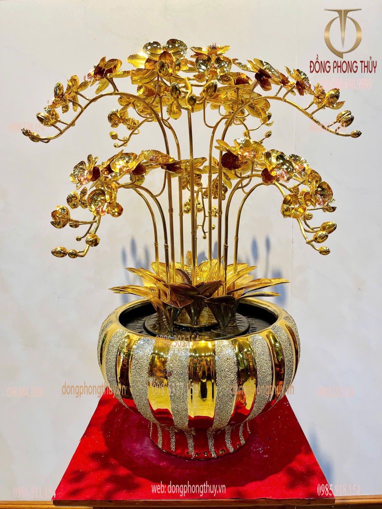 Chậu hoa lan 10 cành bằng đồng mạ vàng 24k