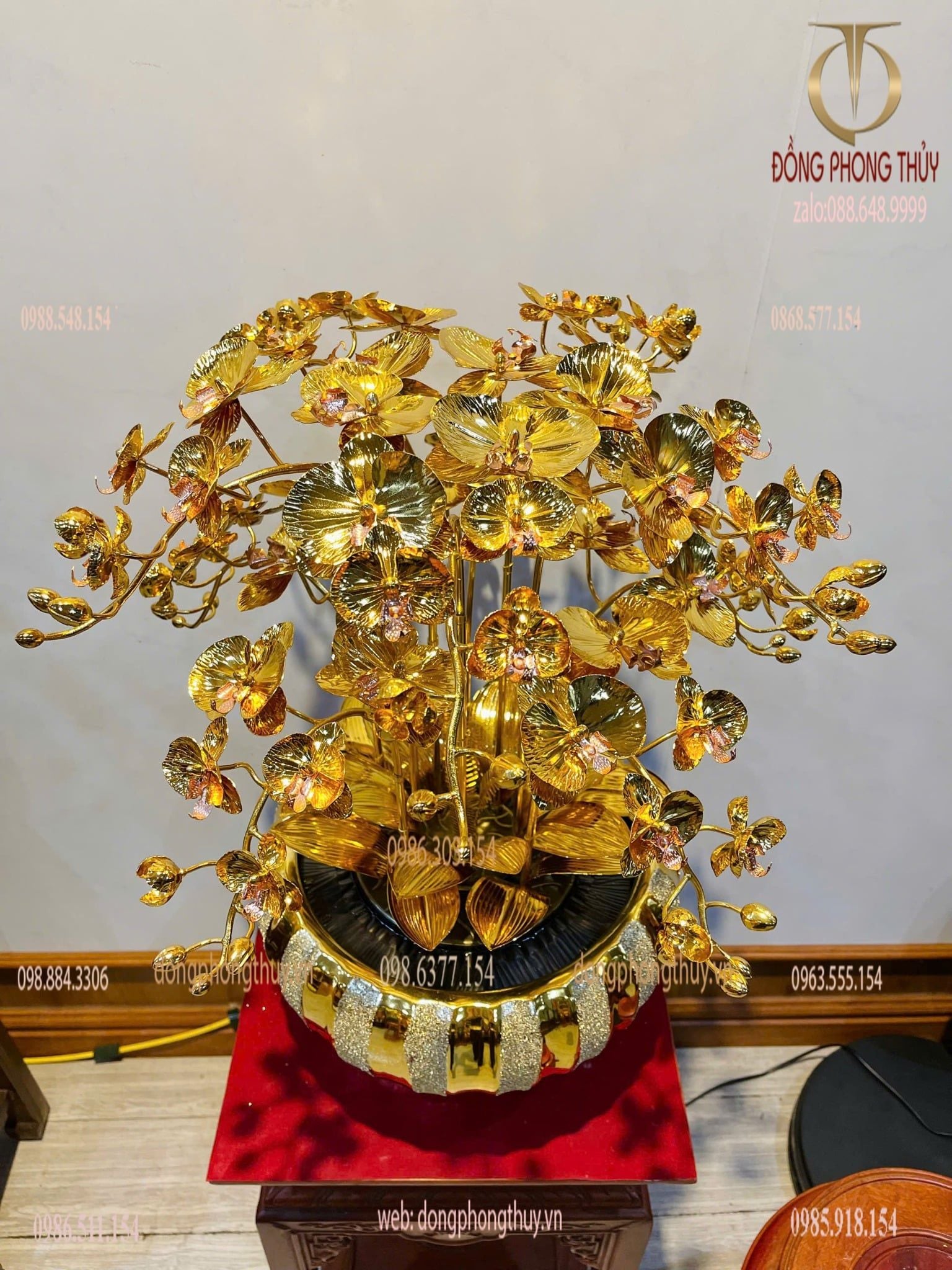 Chậu hoa lan 10 cành bằng đồng mạ vàng 24k