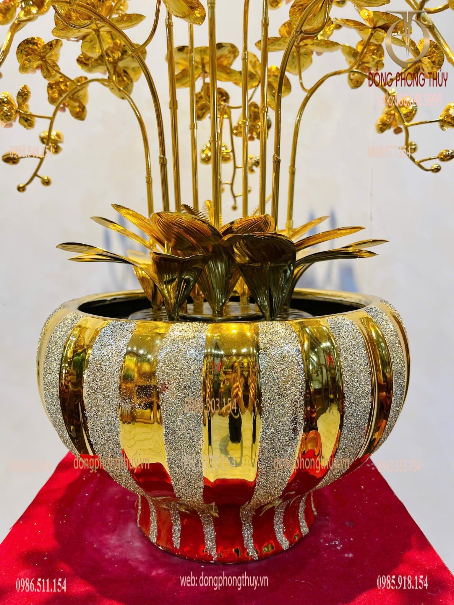 Chậu hoa lan 10 cành bằng đồng mạ vàng 24k