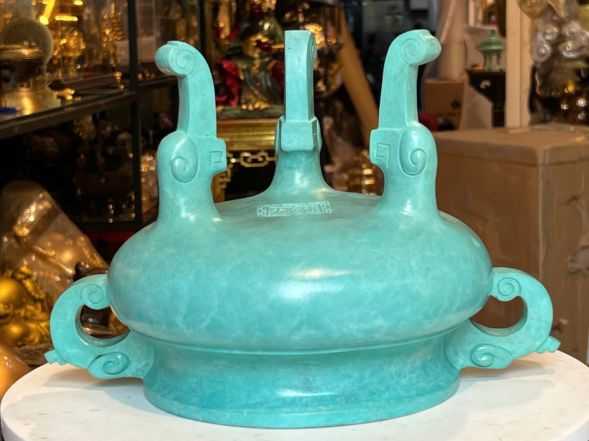 Đỉnh đốt trầm bằng đồng patina xanh ngọc lục bích