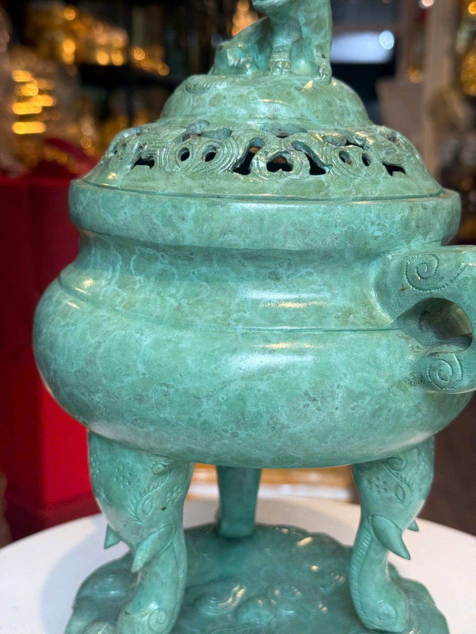 Đỉnh đốt trầm bằng đồng patina xanh ngọc lục bích