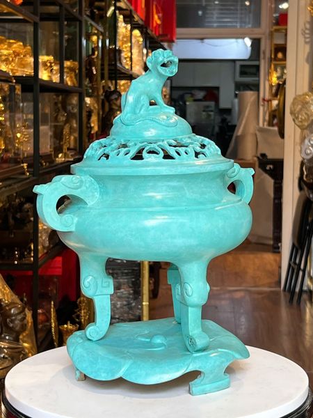 Đỉnh đốt trầm bằng đồng patina xanh ngọc lục bích