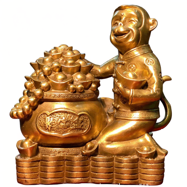 Tượng khỉ ôm hũ vàng bằng đồng 17cm