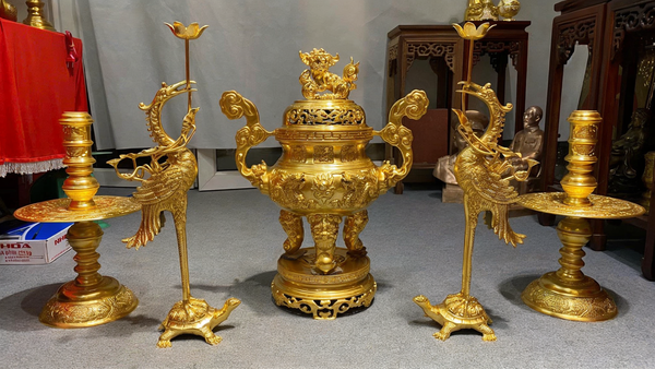 Bộ đỉnh đồng ngũ sự 60cm thếp Vàng 24k