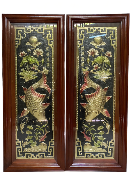 Tranh cá chép 1m*80cm đẹp 3 màu khung gỗ bọc kính