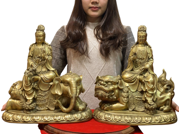 Tượng Văn Thù Sư Lợi + Phổ Hiền Cưỡi Linh Thú Bằng đồng, Cao 41cm