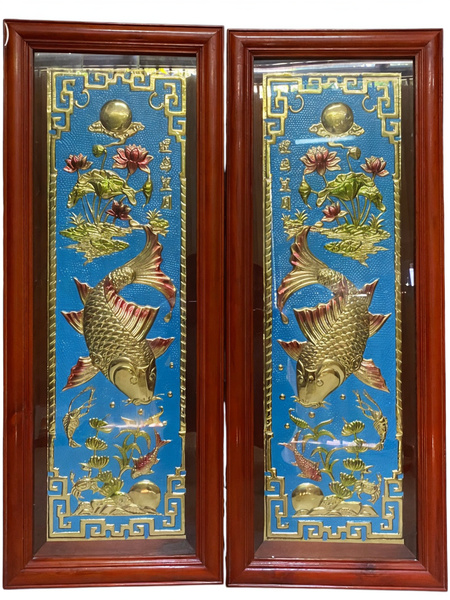 Tranh cá chép 1m*80cm nền xanh khung gỗ bọc kính