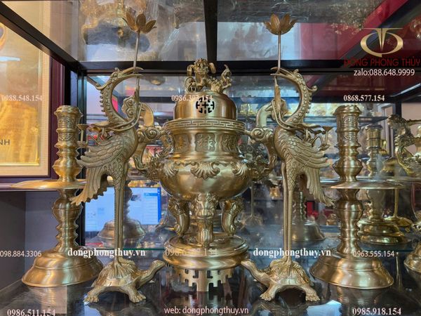 Bộ đỉnh đồng Ngũ sự cát tút hoa sòi cao 55cm nặng 24kg