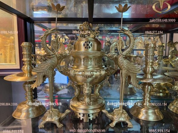 Bộ đỉnh đồng Ngũ sự cát tút hoa sòi cao 55cm nặng 24kg
