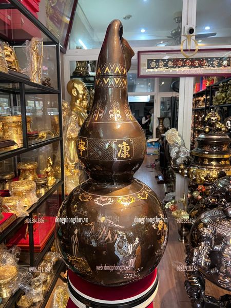 Hồ lô khảm tam khí cao 88cm bằng đồng đỏ khảm bát tiên