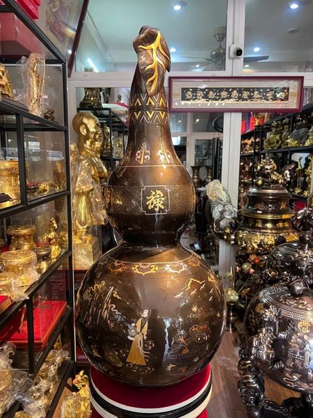 Hồ lô khảm tam khí cao 88cm bằng đồng đỏ khảm bát tiên