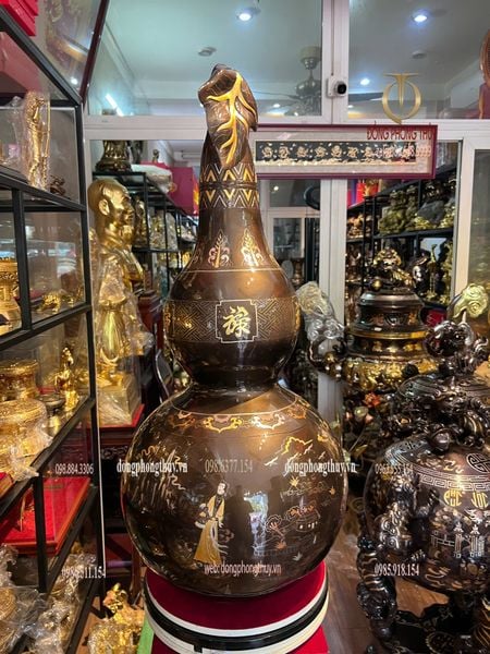 Hồ lô khảm tam khí cao 88cm bằng đồng đỏ khảm bát tiên