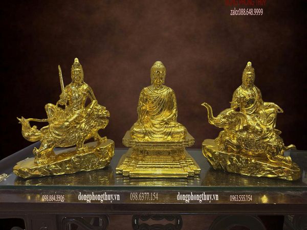 Hoa nghiêm tam thánh bằng đồng dát vàng nano