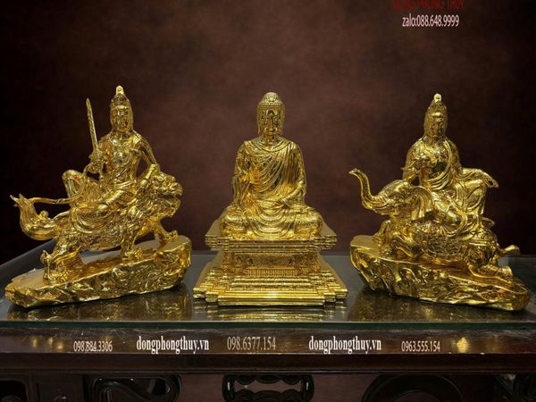 Hoa nghiêm tam thánh bằng đồng dát vàng nano