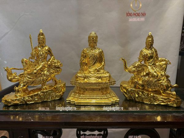 Hoa nghiêm tam thánh bằng đồng dát vàng