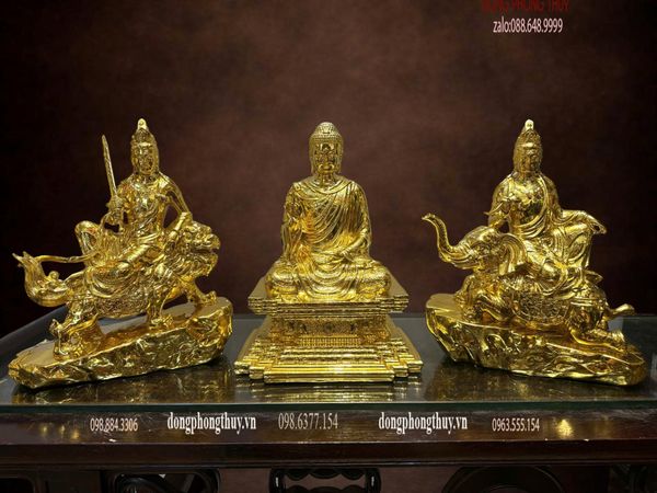 Hoa nghiêm tam thánh bằng đồng dát vàng nano