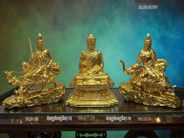 Hoa nghiêm tam thánh bằng đồng dát vàng