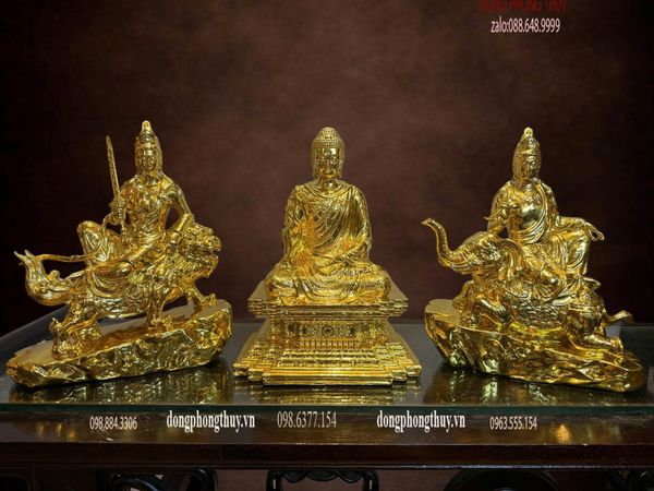 Hoa nghiêm tam thánh bằng đồng dát vàng nano