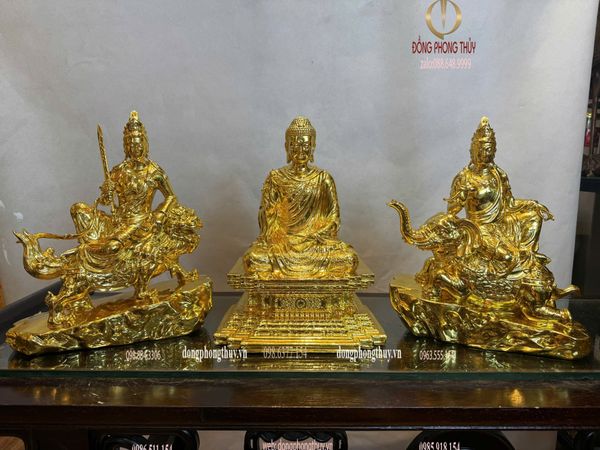 Hoa nghiêm tam thánh bằng đồng dát vàng