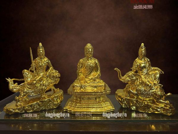 Hoa nghiêm tam thánh bằng đồng dát vàng nano