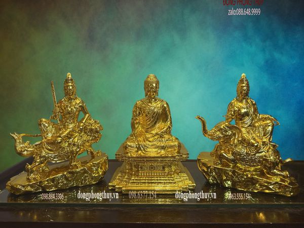 Hoa nghiêm tam thánh bằng đồng dát vàng