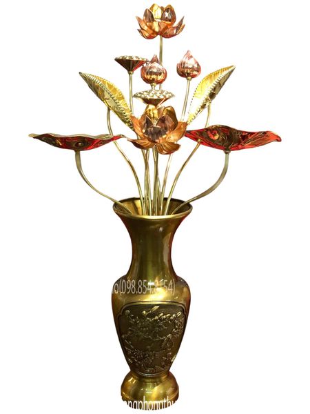 Lọ hoa 35 vàng đậm và bó hoa sen 10 cành bằng đồng