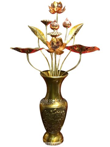 Lọ hoa 35 vàng đậm và bó hoa sen 10 cành bằng đồng