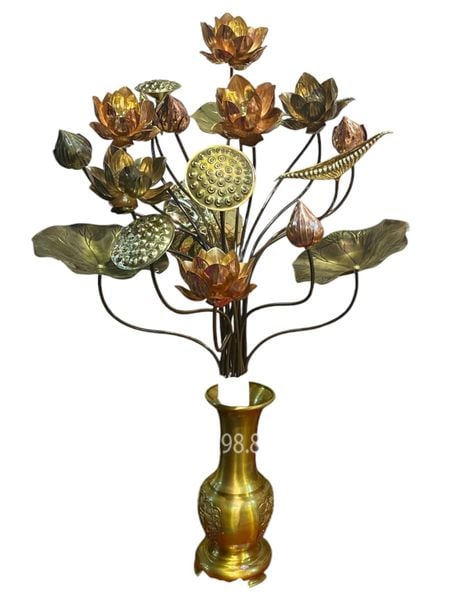 Lọ hoa 35cm vàng đậm vàng bó hoa sen đồng 90cm 20 cành