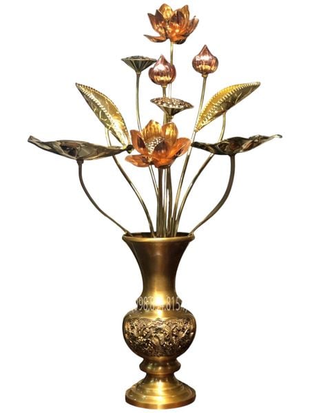 Lọ hoa và bó hoa sen 10 cành bằng đồng