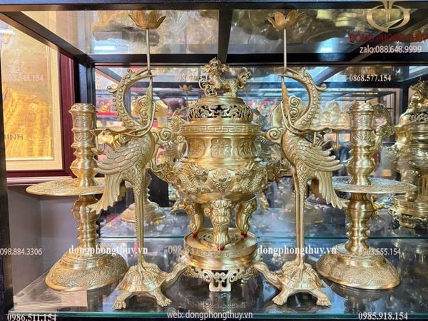 Bộ đỉnh đồng Ngũ sự cát tút song long chầu nguyệt cao 55cm nặng 24kg