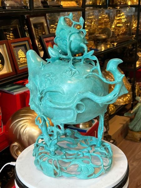 Lư đốt trầm quả đào mẫu cổ patina xanh ngọc lục bích