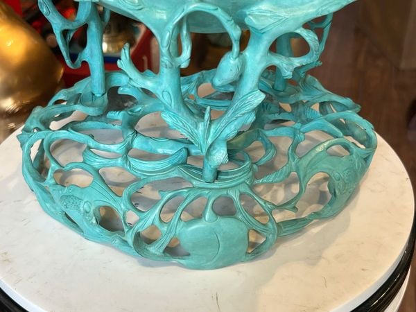 Lư đốt trầm quả đào mẫu cổ patina xanh ngọc lục bích