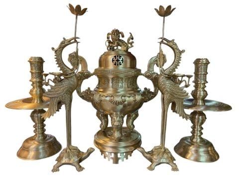 Bộ đỉnh đồng Ngũ sự cát tút hoa sòi cao 55cm nặng 24kg