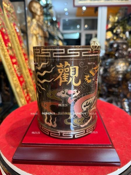 Ống bút bằng đồng đỏ khảm ngũ sắc