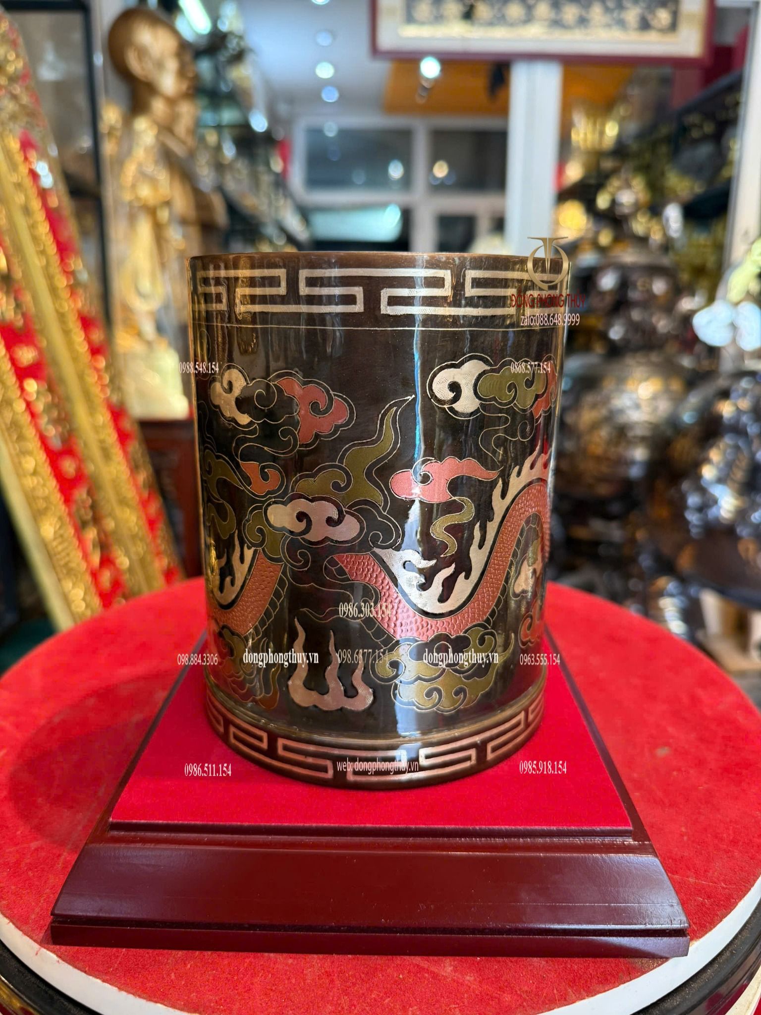 Ống bút bằng đồng đỏ khảm ngũ sắc