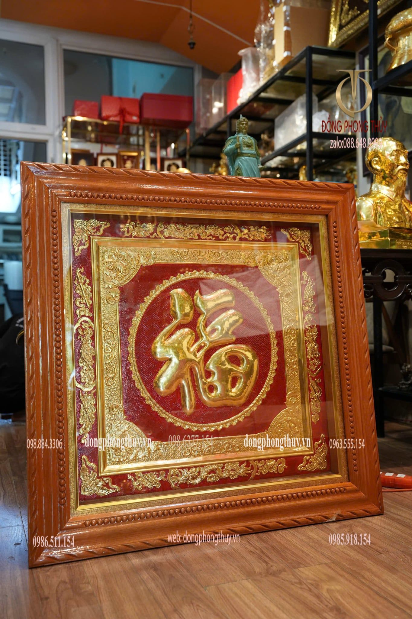 Tranh Chữ Đức Phúc 1m1 bằng đồng đỏ dày 8zem dát vàng 24k