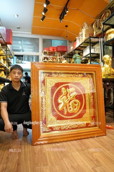 Tranh Chữ Đức Phúc 1m1 bằng đồng đỏ dày 8zem dát vàng 24k