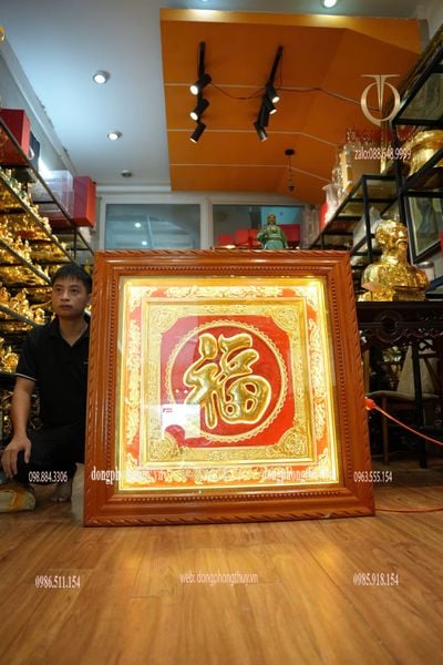 Tranh Chữ Đức Phúc 1m1 bằng đồng đỏ dày 8zem dát vàng 24k