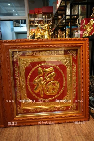 Tranh Chữ Đức Phúc 1m1 bằng đồng đỏ dày 8zem dát vàng 24k
