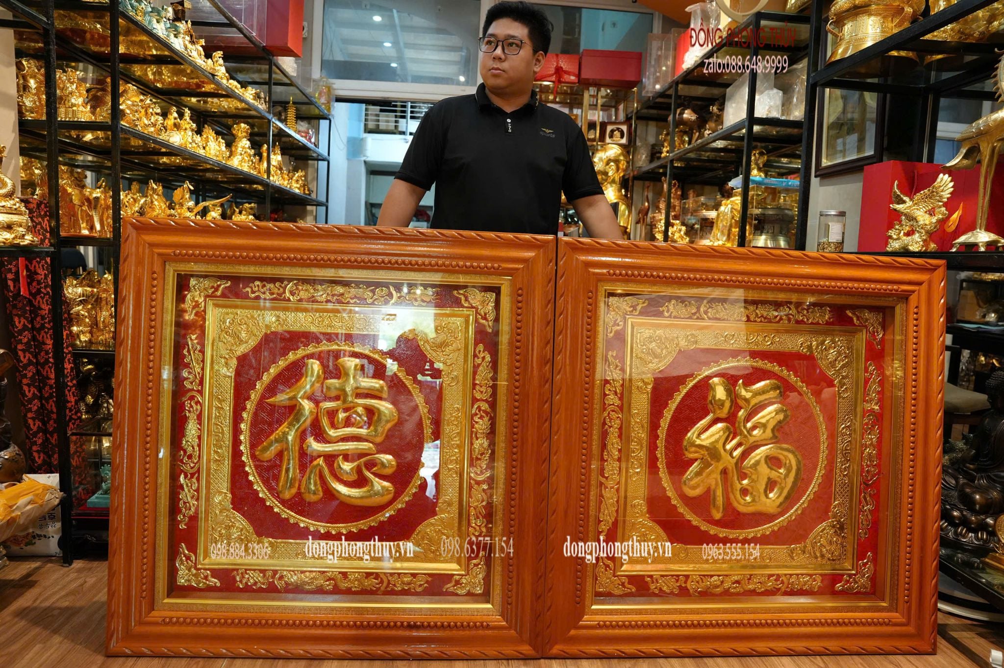 Tranh Chữ Đức Phúc 1m1 bằng đồng đỏ dày 8zem dát vàng 24k