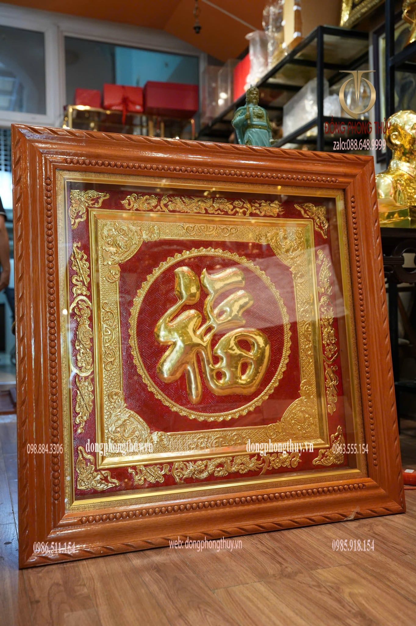 Tranh Chữ Đức Phúc 1m1 bằng đồng đỏ dày 8zem dát vàng 24k