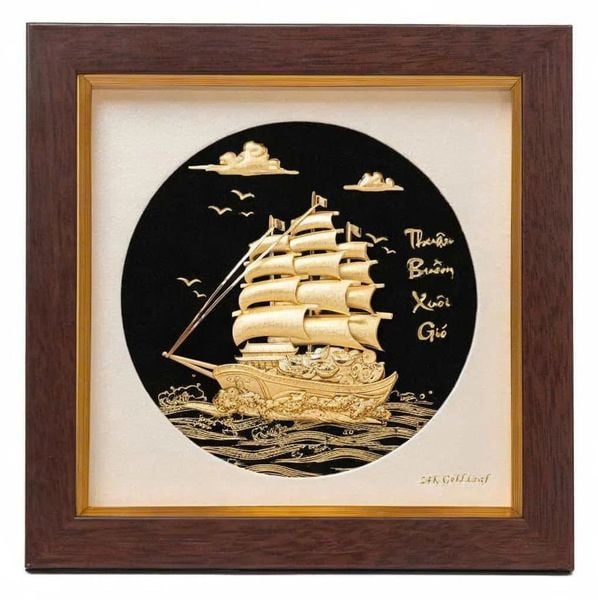 Tranh mạ vàng:  thuyền buồm mạ vàng 20x20x3,5cm
