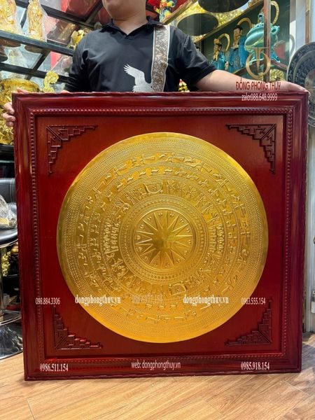 Tranh trống đồng dát vàng 24k thúc nổi thủ công 80cm