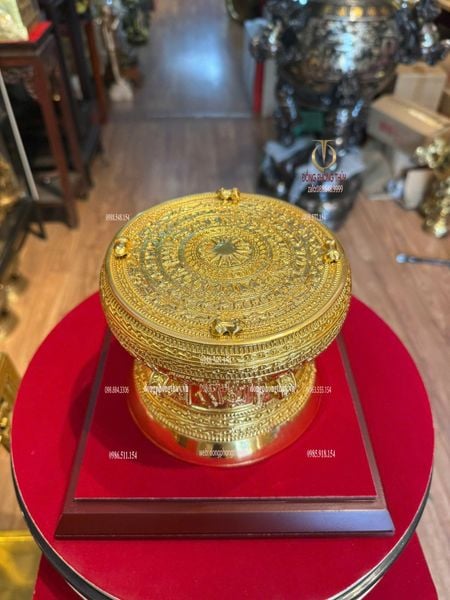 Trống đồng 15cm bằng đồng dát vàng 24k