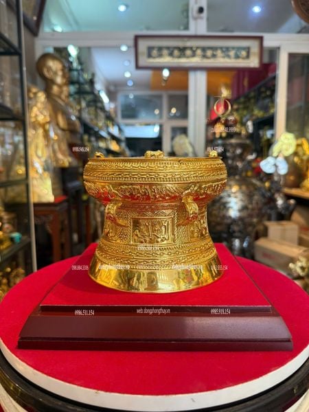 Trống đồng 15cm bằng đồng dát vàng 24k