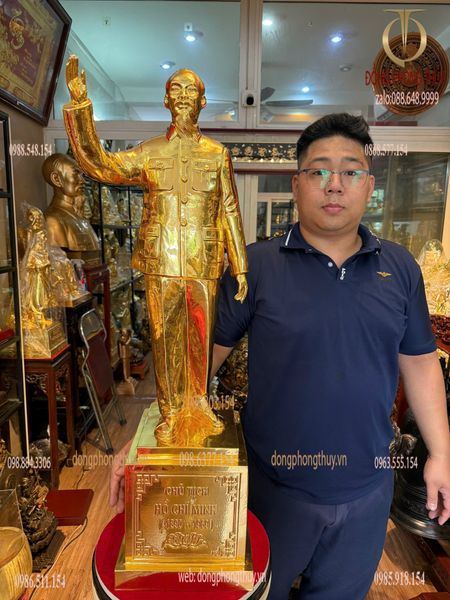 Tượng Bác Hồ 90cm đồng đỏ dát vàng 24k