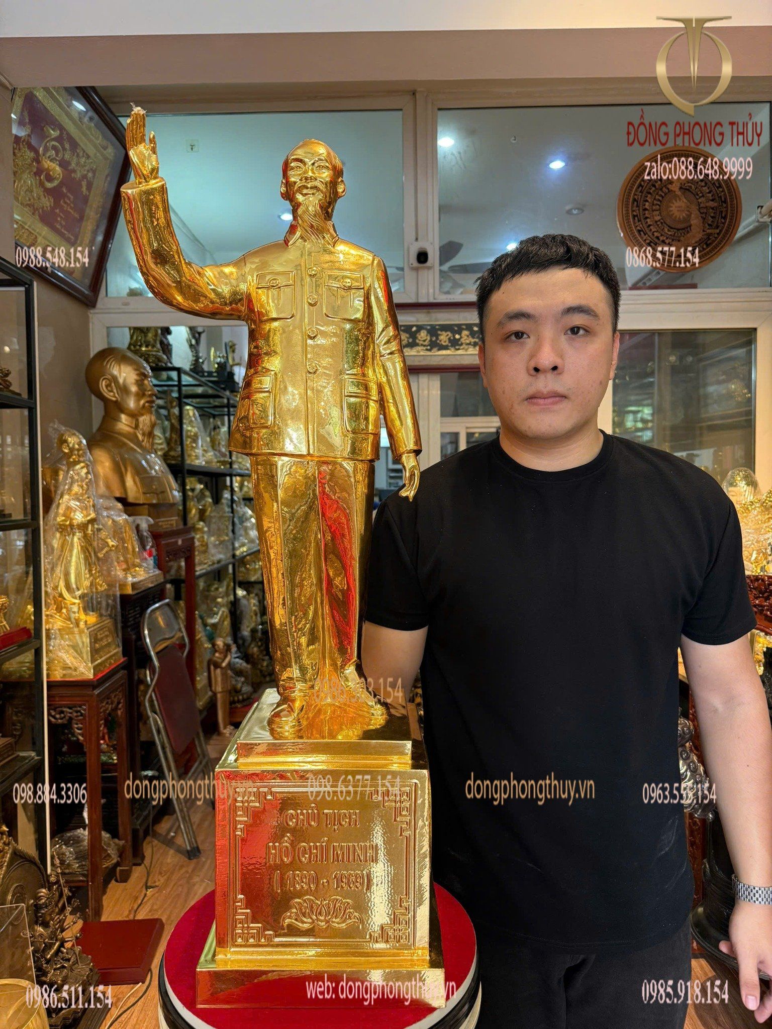 Tượng Bác Hồ 90cm đồng đỏ dát vàng 24k