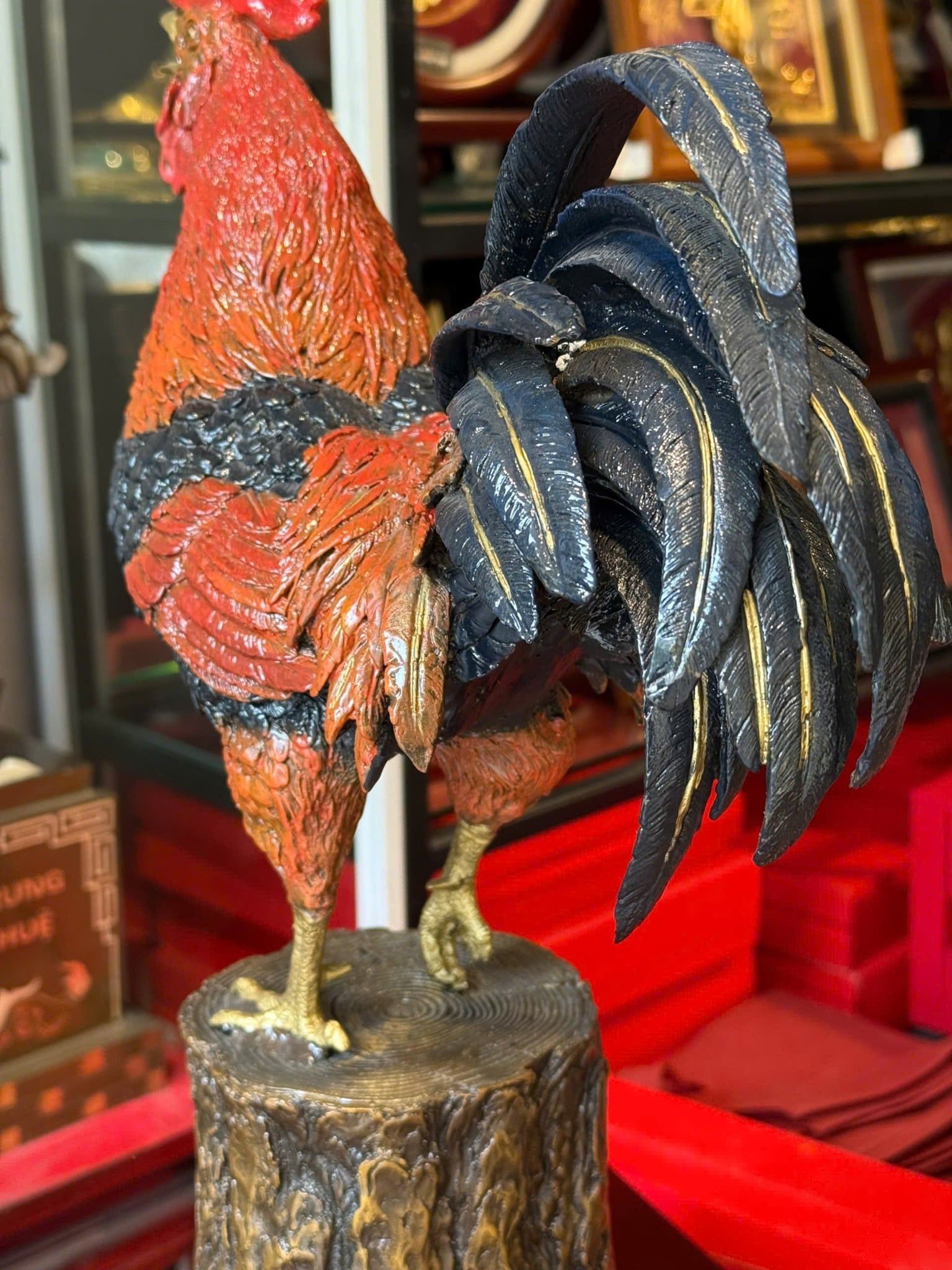 Tượng gà phong thủy bằng đồng vẽ màu cao cấp